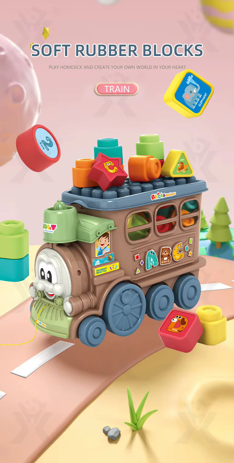 Soft Rubber Building Blocks Train Toy Kids Education 2 in 1 Multifunctional Toy - Image 2