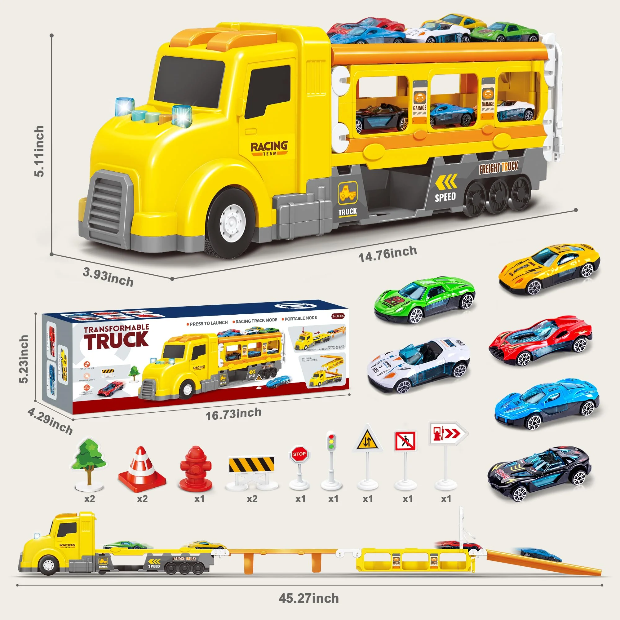Transport Car Carrier Truck, Toddler Toys for 3+ Years Old Boys -with 6 Cars, Race Track Playset with Lights Sounds, Kids Gifts - Image 2