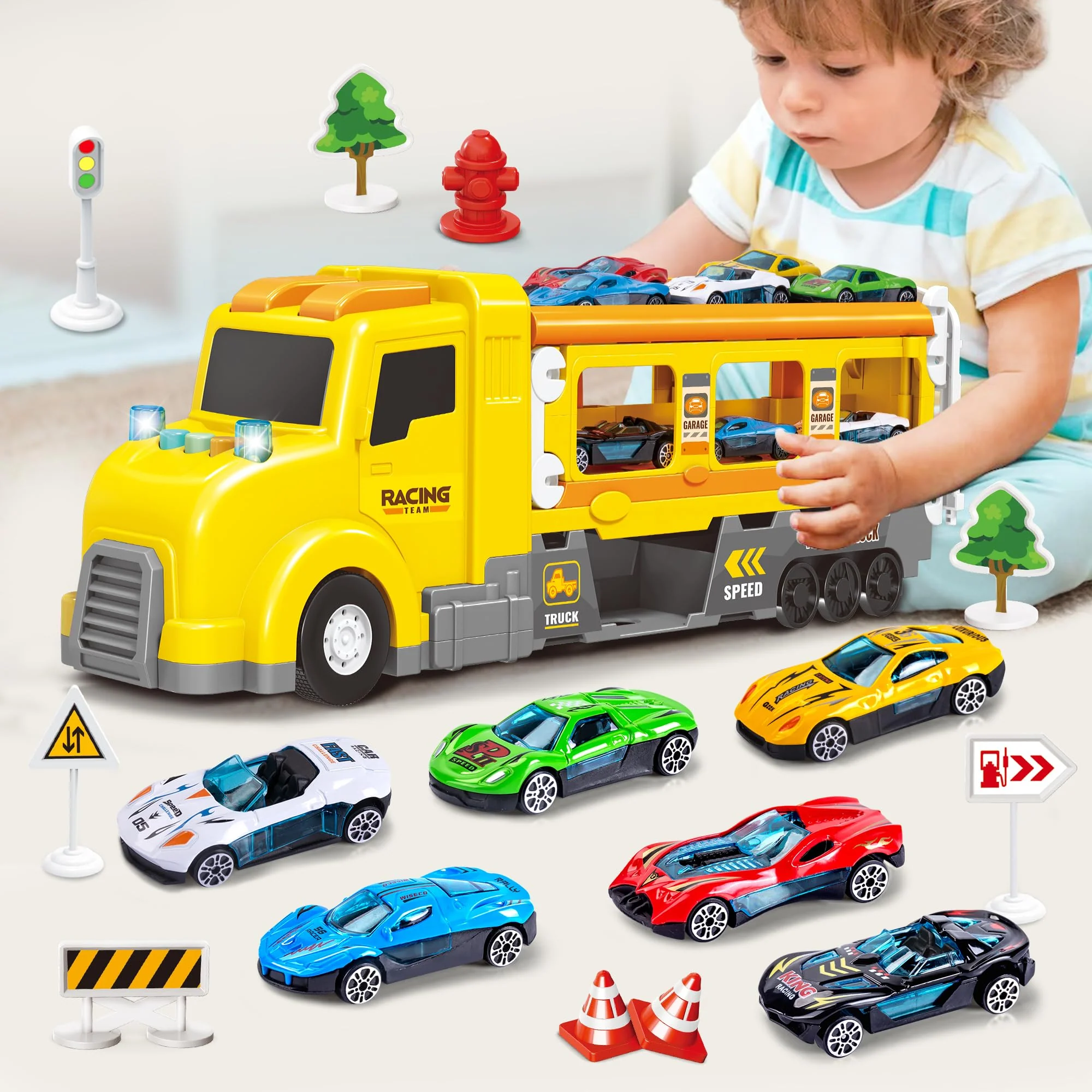 Transport Car Carrier Truck, Toddler Toys for 3+ Years Old Boys -with 6 Cars, Race Track Playset with Lights Sounds, Kids Gifts - Image 3