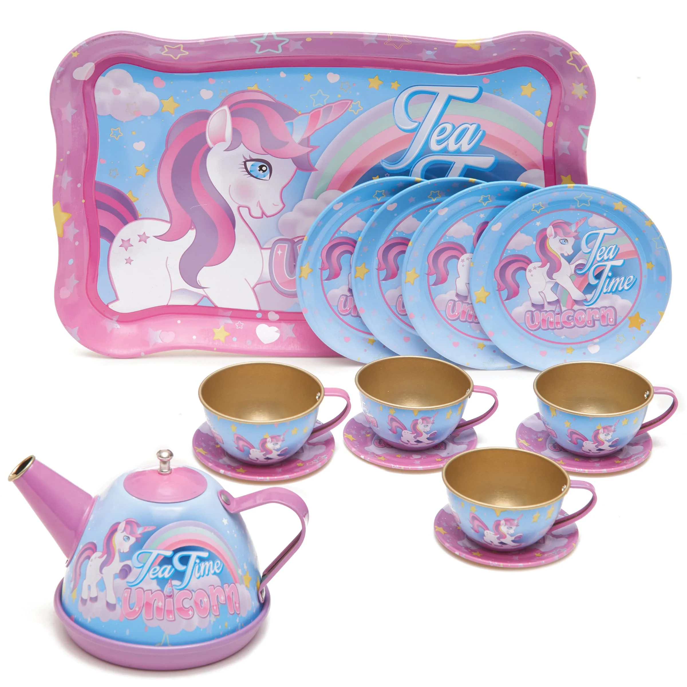Tea Party Set, 14-Piece Unicorn for Toddler Girls - Princess Pretend Game Playset with Teapot, Cups, Saucers and Serving Tray - 3 Years Old and Up