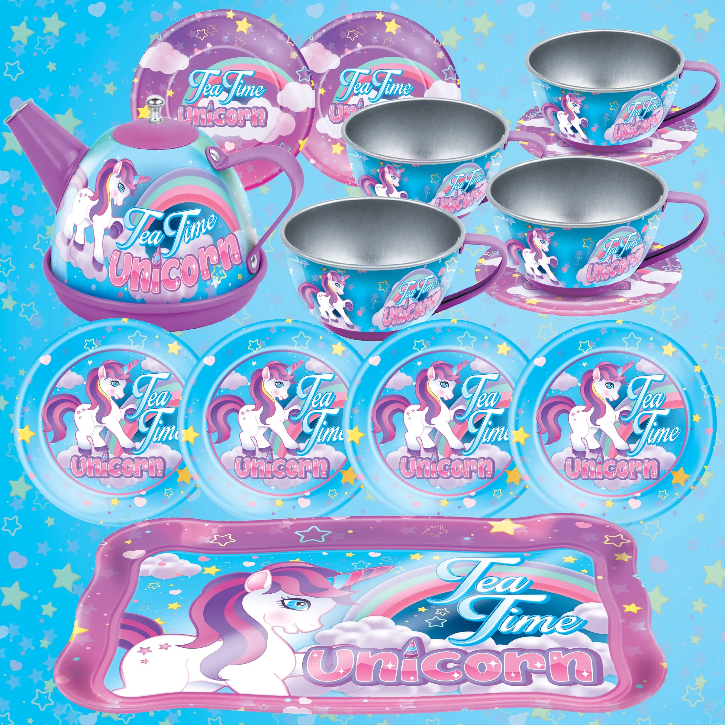 Tea Party Set, 14-Piece Unicorn for Toddler Girls - Princess Pretend Game Playset with Teapot, Cups, Saucers and Serving Tray - 3 Years Old and Up - Image 3