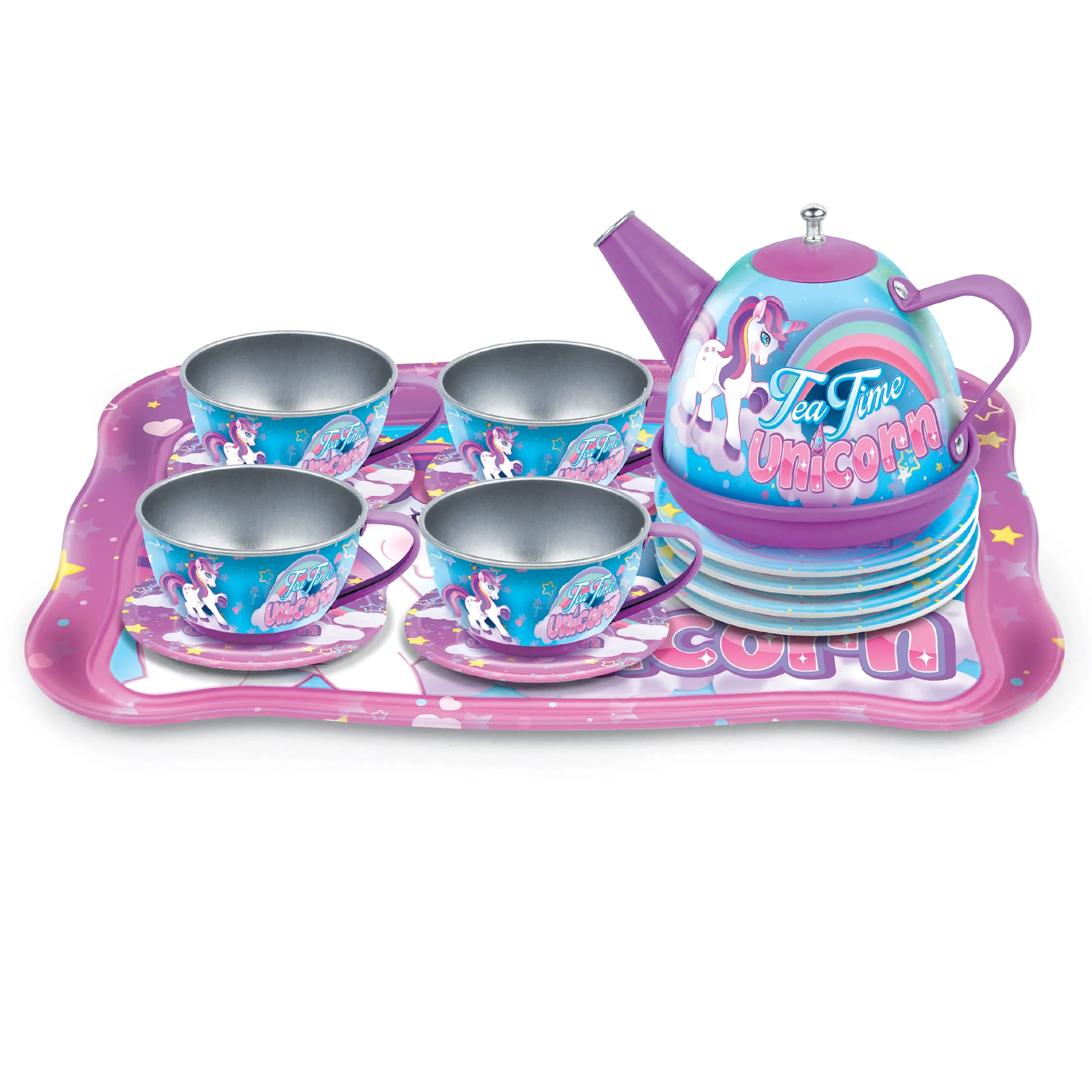 Tea Party Set, 14-Piece Unicorn for Toddler Girls - Princess Pretend Game Playset with Teapot, Cups, Saucers and Serving Tray - 3 Years Old and Up - Image 6